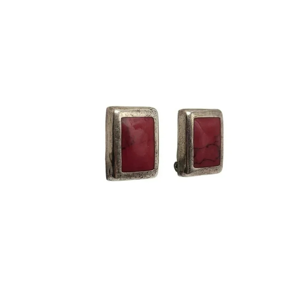 Taxco Sterling Silver Solid Red Jasper Clip On Earrings TA-109 Vintage